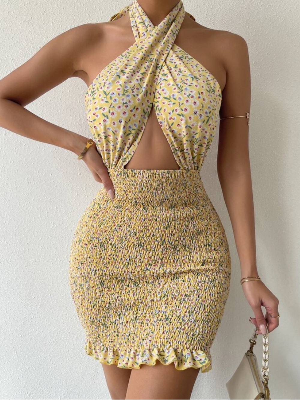 Yellow Floral Halter Smocked Mini Dress